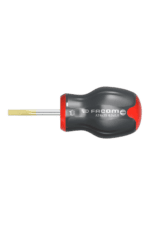 Flat-head screwdriver with black and red handle, suitable for precision tasks and general repairs.