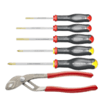 Set of five precision screwdrivers with black and red handles and a pair of red-handled pliers, ideal for automotive and mechanical work.