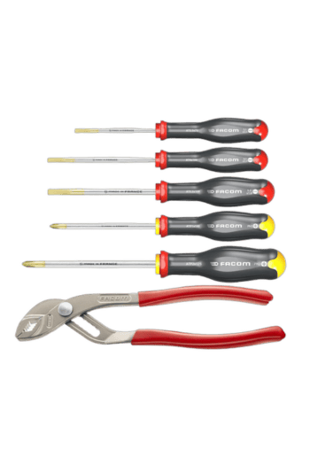 Set of five precision screwdrivers with black and red handles and a pair of red-handled pliers, ideal for automotive and mechanical work.