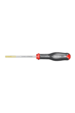 Precision screwdriver with a black and red handle and a long, slim metal shaft, ideal for detailed mechanical work.
