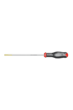 Precision screwdriver with a black and red handle and a long, slim metal shaft, ideal for detailed mechanical work and electronics repair.