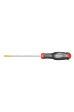 Precision screwdriver with a black and red handle and a long, thin metal shaft, ideal for detailed mechanical work.