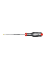 Precision screwdriver with a black and red handle and a long metal shaft, ideal for detailed mechanical work.
