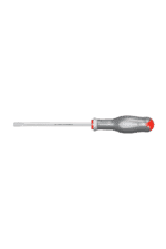 Precision screwdriver with a red and grey handle and a long metal shaft, ideal for detailed mechanical work.