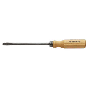 Facom wood handle screwdriver with forged blade for slotted head screws, ideal for precision woodworking and repair tasks.