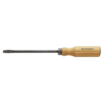Facom wood handle screwdriver with forged blade for slotted head screws, ideal for precision woodworking and repair tasks.