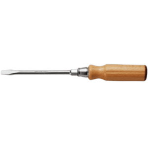 Wood handle screwdriver for slotted head screws with a forged hexagonal blade, ideal for precision woodworking and repair tasks.