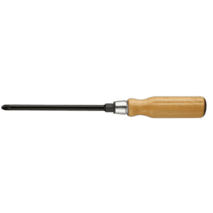 Wood handle screwdriver for Pozidriv screws with hexagonal blade, ideal for precision tasks.