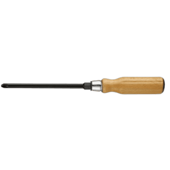 Wood handle screwdriver for Pozidriv screws with hexagonal blade, ideal for precision tasks.