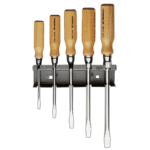 Set of five wood handle screwdrivers with metal shafts mounted on a black holder, ideal for precision woodworking and DIY tasks.