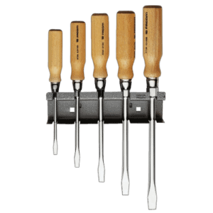Set of five wood handle screwdrivers with metal shafts mounted on a black holder, ideal for precision woodworking and DIY tasks.