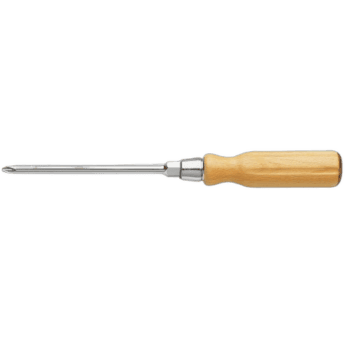 Wood handle screwdriver for Phillips screws with hexagonal blade, ideal for precision tasks.