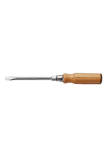Close-up of a flathead screwdriver with a wooden handle, used for precision work in racewear maintenance.