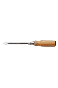 Close-up of a flathead screwdriver with a wooden handle, used for precision work in racewear maintenance.