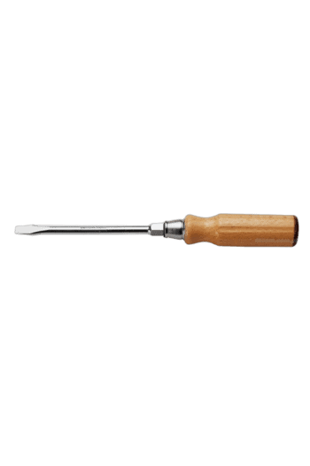 Close-up of a flathead screwdriver with a wooden handle, used for precision work in racewear maintenance.