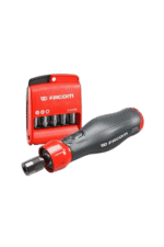 Facom Power Assist screwdriver set with red and black ergonomic handle and compact bit holder for professional use.
