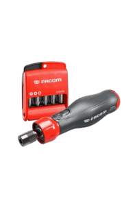 Facom Power Assist screwdriver set with red and black ergonomic handle and compact bit holder for professional use.