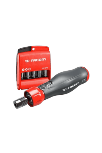 Facom Power Assist screwdriver set with red and black ergonomic handle and compact bit holder for professional use.