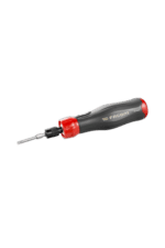 Precision screwdriver with black handle and red accents, ideal for detailed mechanical work and electronics repair.