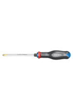 Precision screwdriver with a black and blue handle and a long, slim metal shaft, ideal for detailed mechanical work.