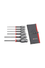 Set of precision screwdrivers with a black and red carrying case, ideal for automotive and motorcycle repairs, from Grand Prix Racewear.