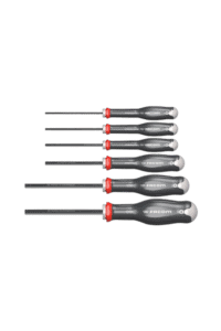 Set of Facom Prot SD Hex screwdrivers with ergonomic handles and magnetic tips for precision work.