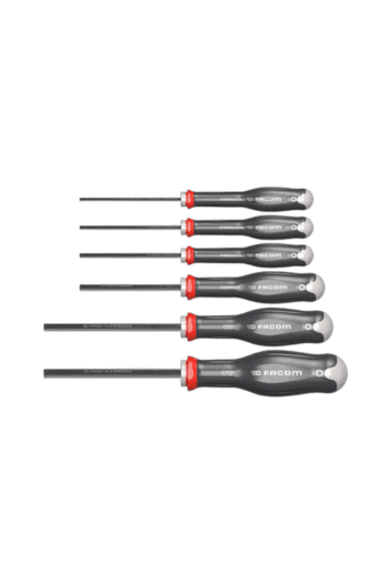 Set of Facom Prot SD Hex screwdrivers with ergonomic handles and magnetic tips for precision work.