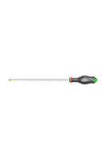 Precision screwdriver with a black and green handle and a long metal shaft, ideal for detailed mechanical work.