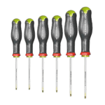 Set of six Facom screwdrivers with black handles and green accents, arranged in order of size for professional use.