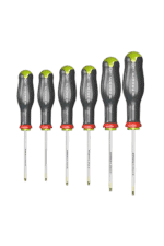 Set of six Facom screwdrivers with black handles and green accents, arranged in order of size for professional use.