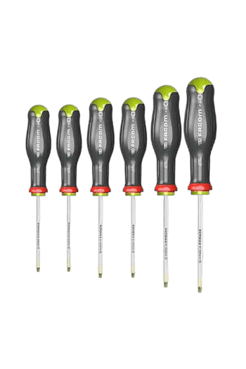 Set of six Facom screwdrivers with black handles and green accents, arranged in order of size for professional use.