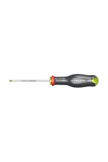 Precision screwdriver with black and green handle and metal shaft, ideal for detailed mechanical work and electronics repair.
