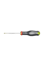 Precision screwdriver with a black and green handle and a long, slim metal shaft, ideal for detailed mechanical work.