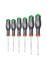 Set of six precision screwdrivers with black handles and green accents, ideal for electronics and detailed repairs.