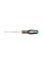 Precision screwdriver with a black and green handle and a long metal shaft, ideal for detailed mechanical work.