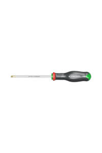 Precision screwdriver with a black and green handle and a long metal shaft, ideal for detailed mechanical work.