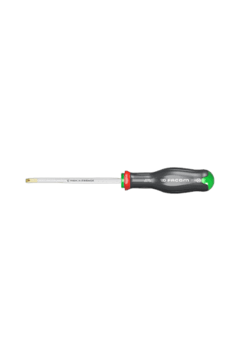 Precision screwdriver with a black and green handle and a long metal shaft, ideal for detailed mechanical work.