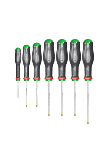 Set of Facom ProT SD Tamper Torx screwdrivers with ergonomic handles in various sizes for precision work.