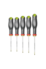 Set of five precision screwdrivers with ergonomic handles, ideal for detailed mechanical work and electronics repair.