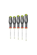 Set of five precision screwdrivers with black handles and green accents, ideal for electronics and detailed repair work.