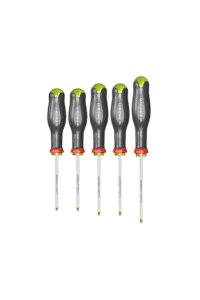Set of five precision screwdrivers with black handles and green accents, ideal for electronics and detailed repair work.