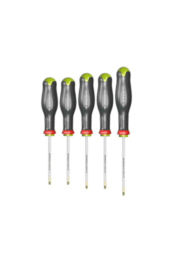 Set of five precision screwdrivers with black handles and green accents, ideal for electronics and detailed repair work.
