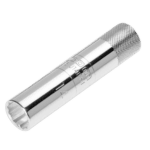 Close-up of a Facom 3/8 square drive socket for 14 mm bi-hexagonal spark plugs, shiny chrome finish.