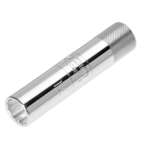 Close-up of a Facom 3/8 square drive socket for 14 mm bi-hexagonal spark plugs, shiny chrome finish.