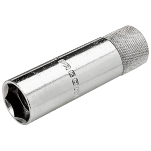 Facom 3/8 square drive socket for 16, 18, 21 mm spark plugs, chrome finish, precision tool for automotive maintenance.