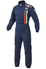 Grand Prix Racewear racing suit in navy blue with orange and white accents, featuring OMP branding, designed for motorsport safety and performance.