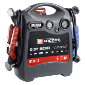 Facom 12-24V starting booster B124.1A with red and black clamps for vehicle jump-starting.