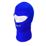 Blue racing balaclava with white eye opening and Sparco logo, designed for motorsport safety and comfort.
