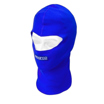 Blue racing balaclava with white eye opening and Sparco logo, designed for motorsport safety and comfort.