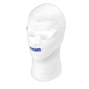 White balaclava with blue 'Sparco' logo, designed for motorsport safety and racing gear.
